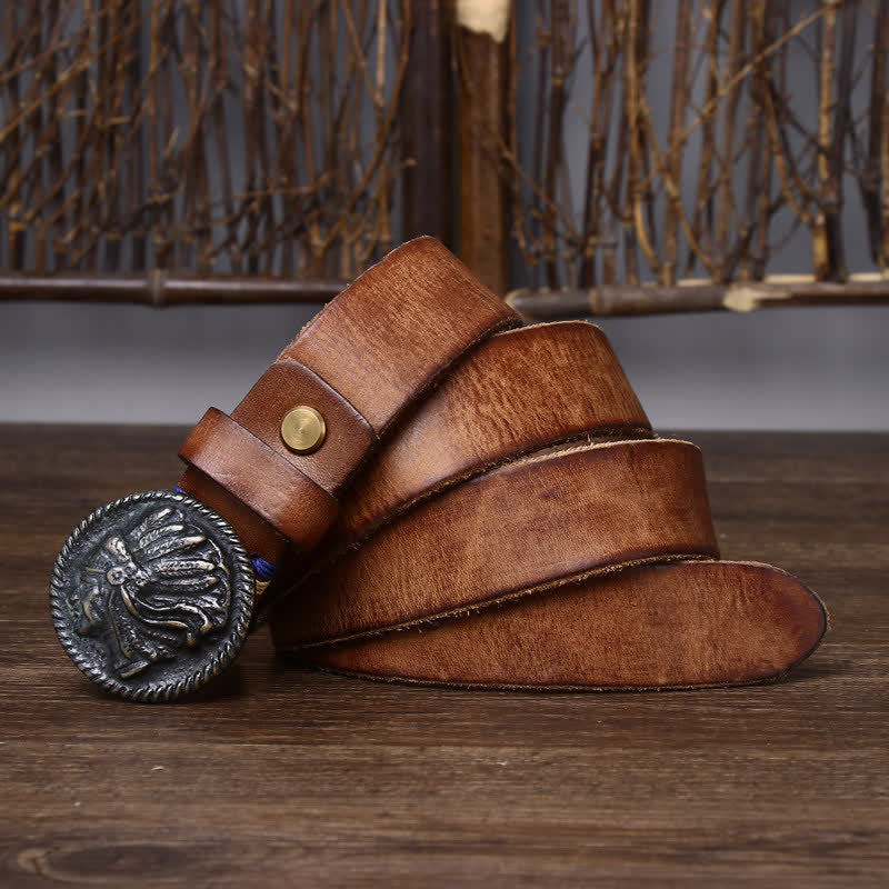 Cinturón de cuero con cabeza india envejecida vintage para hombre