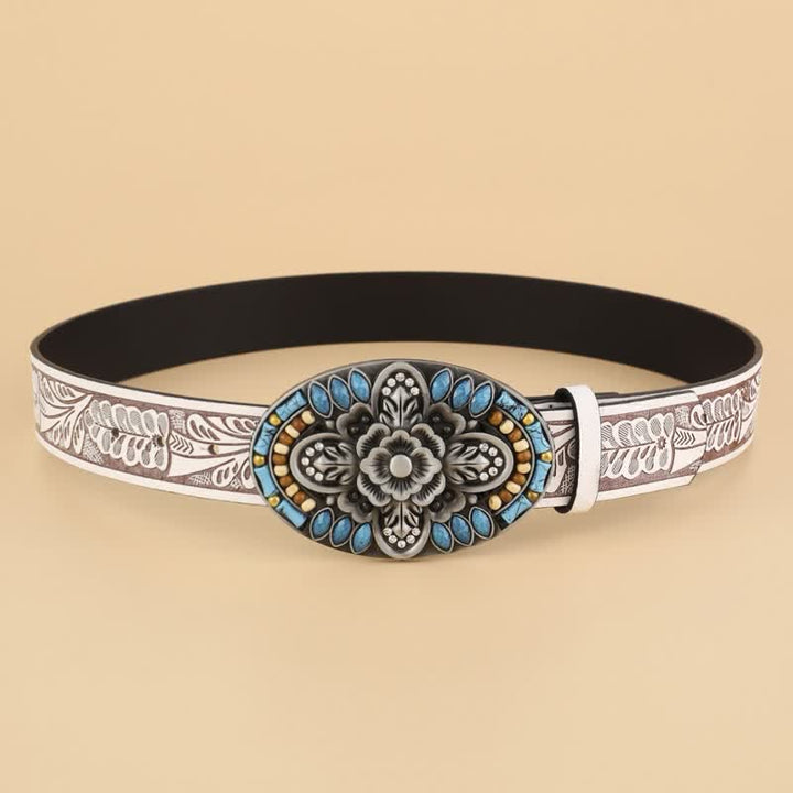 Cinturón de cuero bohemio con diseño floral y piedra turquesa para mujer