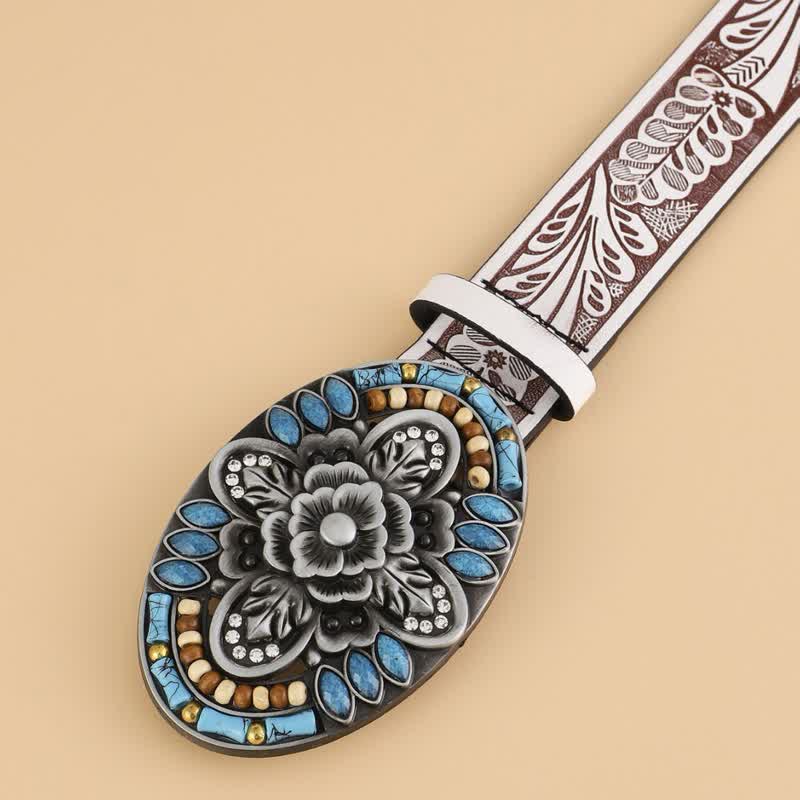 Cinturón de cuero bohemio con diseño floral y piedra turquesa para mujer