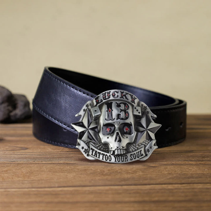 Cinturón de cuero con hebilla de calavera esmaltada para hombre, hecho a mano
