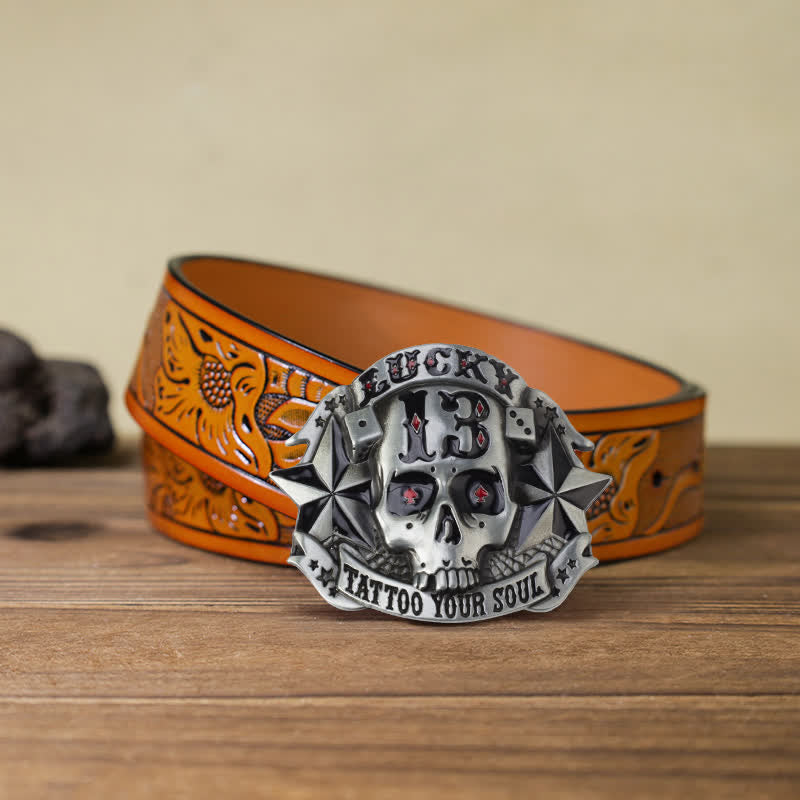 Cinturón de cuero con hebilla de calavera esmaltada para hombre, hecho a mano