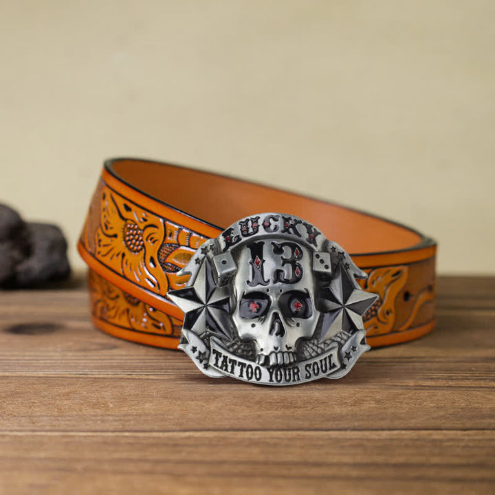 Cinturón de cuero con hebilla de calavera esmaltada para hombre, hecho a mano