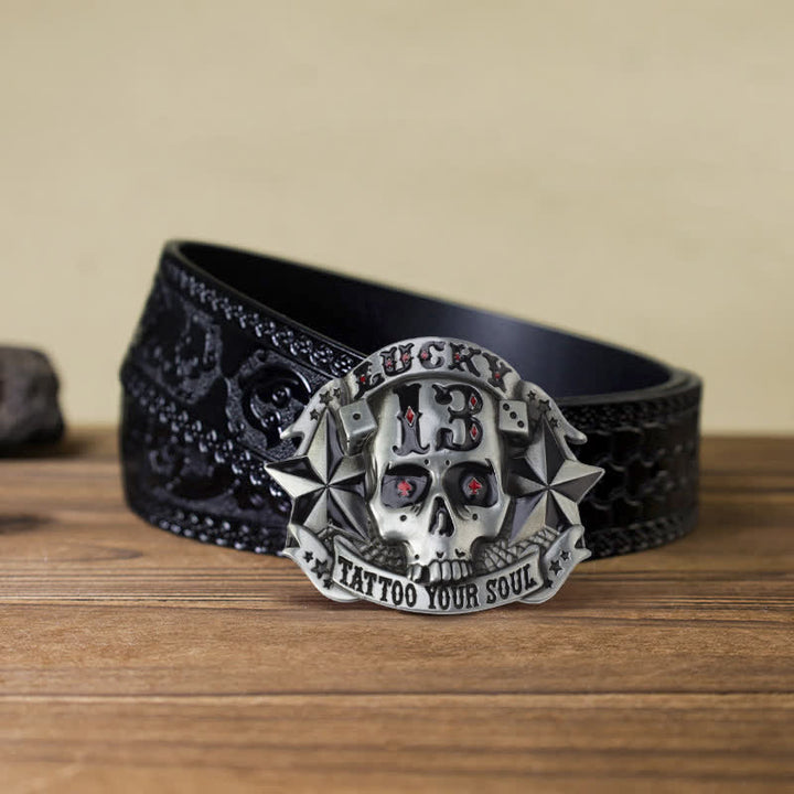 Cinturón de cuero con hebilla de calavera esmaltada para hombre, hecho a mano