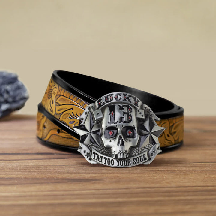 Cinturón de cuero con hebilla de calavera esmaltada para hombre, hecho a mano