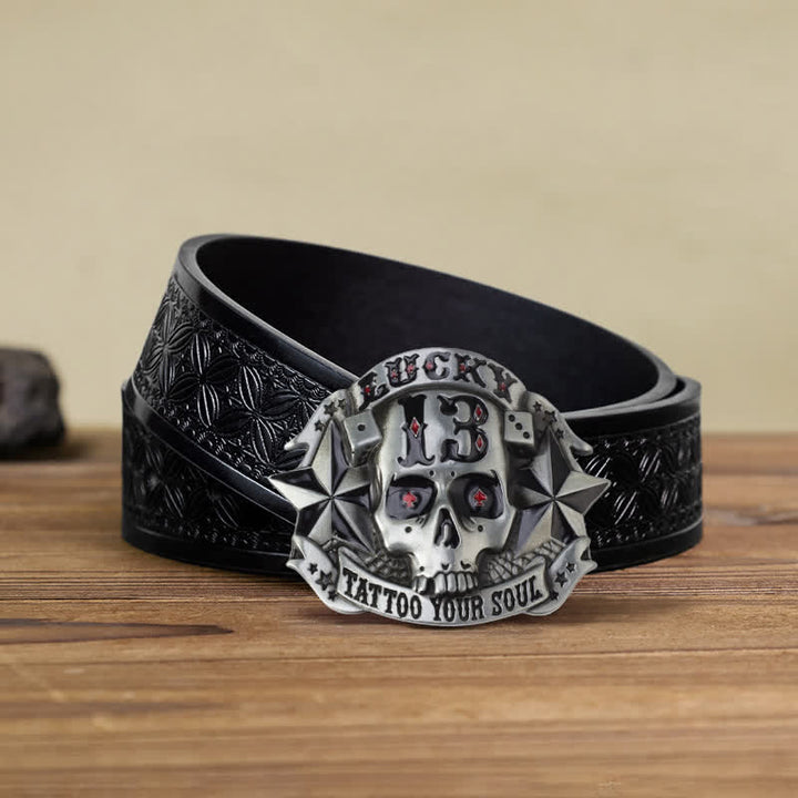 Cinturón de cuero con hebilla de calavera esmaltada para hombre, hecho a mano