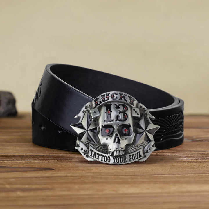 Cinturón de cuero con hebilla de calavera esmaltada para hombre, hecho a mano