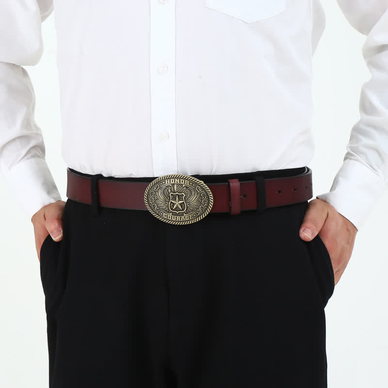 Cinturón de cuero con hebilla de alas de águila para hombre, hecho a mano, con diseño de honor y coraje