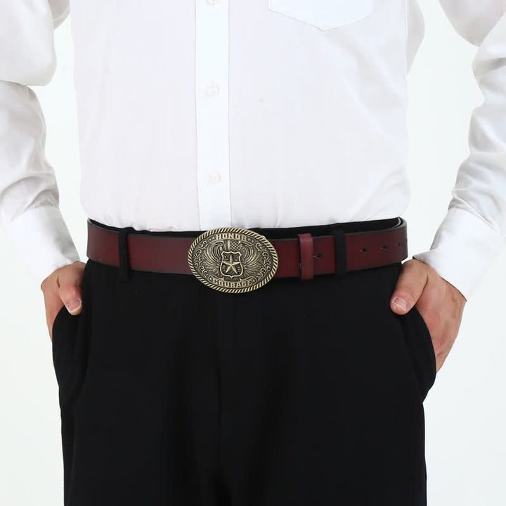 Cinturón de cuero con hebilla de alas de águila para hombre, hecho a mano, con diseño de honor y coraje
