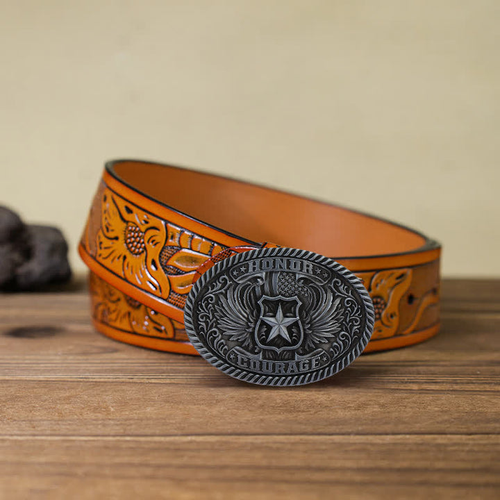 Cinturón de cuero con hebilla de alas de águila para hombre, hecho a mano, con diseño de honor y coraje