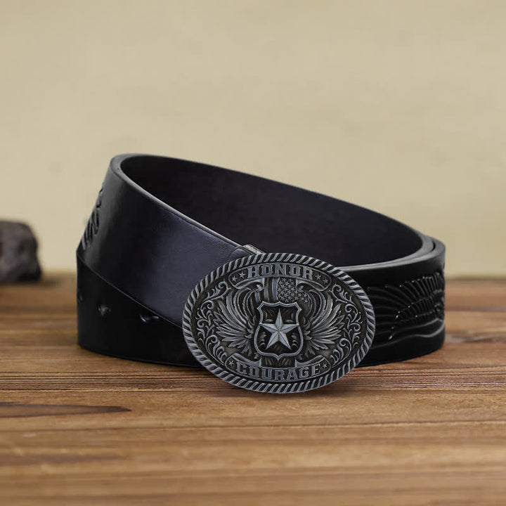 Cinturón de cuero con hebilla de alas de águila para hombre, hecho a mano, con diseño de honor y coraje