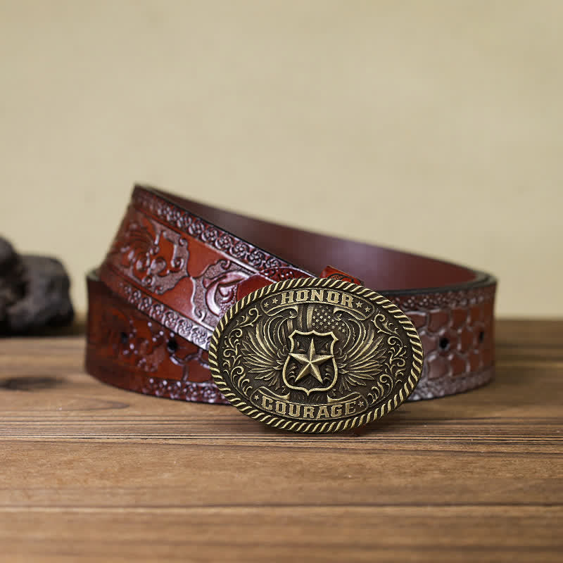 Cinturón de cuero con hebilla de alas de águila para hombre, hecho a mano, con diseño de honor y coraje