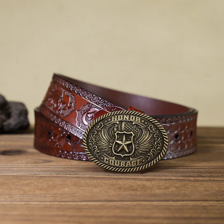 Cinturón de cuero con hebilla de alas de águila para hombre, hecho a mano, con diseño de honor y coraje