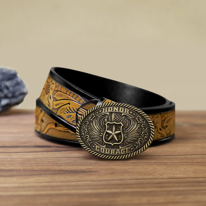 Cinturón de cuero con hebilla de alas de águila para hombre, hecho a mano, con diseño de honor y coraje