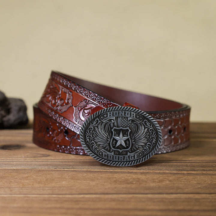 Cinturón de cuero con hebilla de alas de águila para hombre, hecho a mano, con diseño de honor y coraje