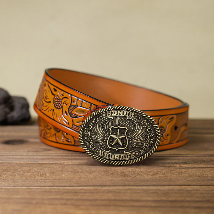 Cinturón de cuero con hebilla de alas de águila para hombre, hecho a mano, con diseño de honor y coraje