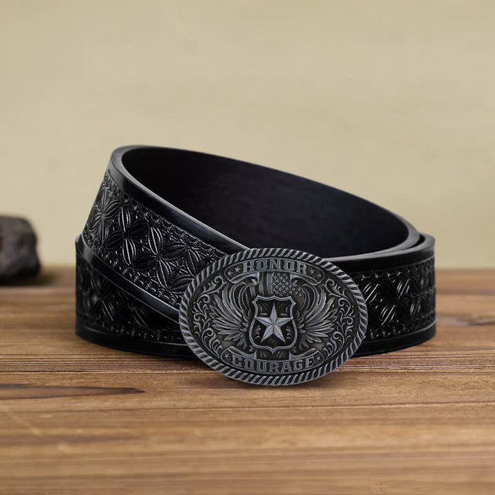 Cinturón de cuero con hebilla de alas de águila para hombre, hecho a mano, con diseño de honor y coraje