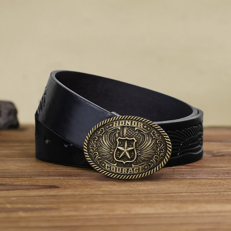Cinturón de cuero con hebilla de alas de águila para hombre, hecho a mano, con diseño de honor y coraje