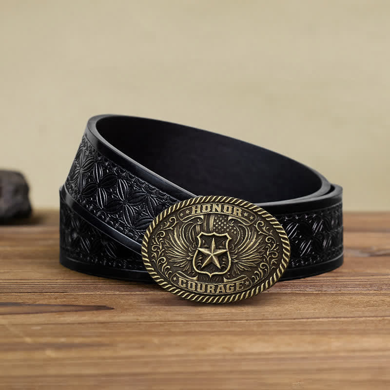 Cinturón de cuero con hebilla de alas de águila para hombre, hecho a mano, con diseño de honor y coraje