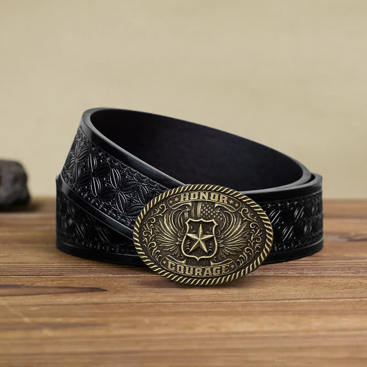 Cinturón de cuero con hebilla de alas de águila para hombre, hecho a mano, con diseño de honor y coraje