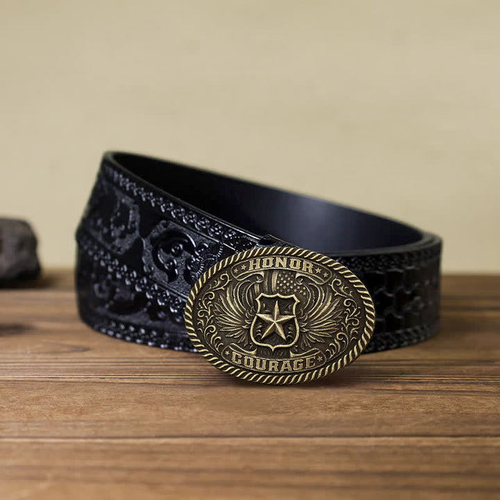 Cinturón de cuero con hebilla de alas de águila para hombre, hecho a mano, con diseño de honor y coraje