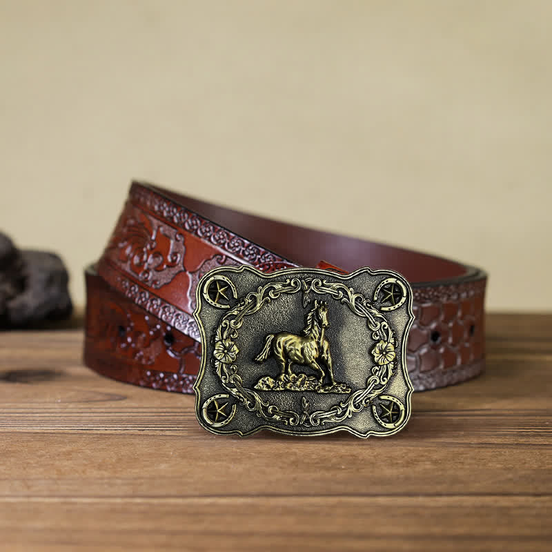 Cinturón de cuero con hebilla de caballo salvaje para hombre, hecho a mano