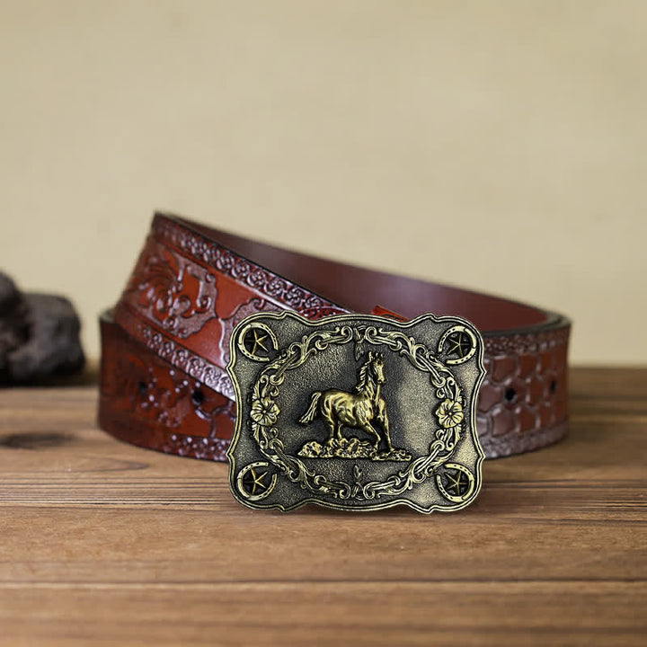 Cinturón de cuero con hebilla de caballo salvaje para hombre, hecho a mano