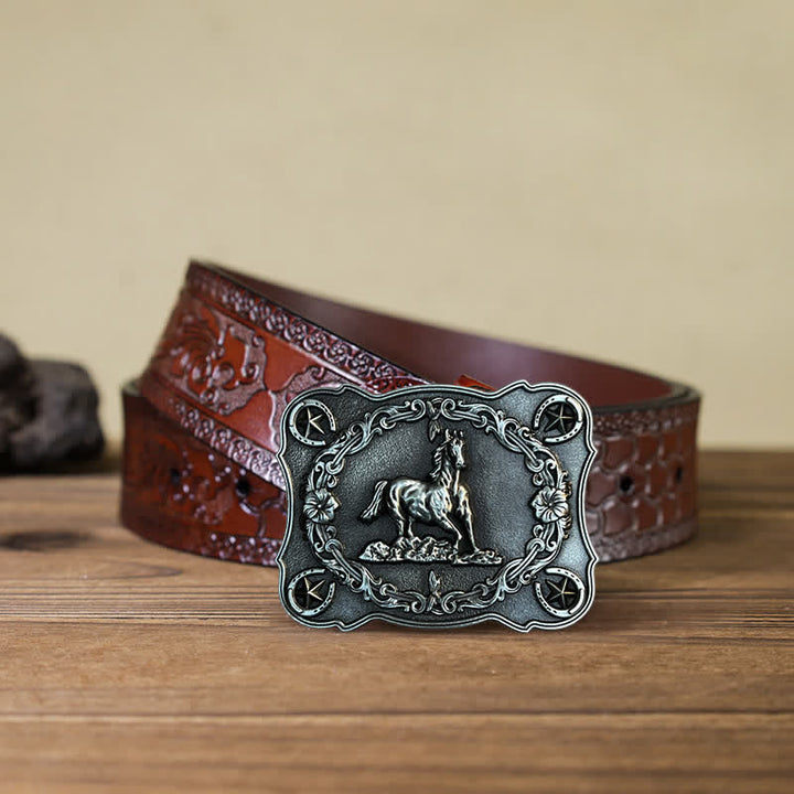 Cinturón de cuero con hebilla de caballo salvaje para hombre, hecho a mano