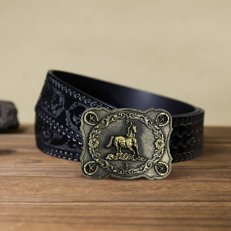 Cinturón de cuero con hebilla de caballo salvaje para hombre, hecho a mano