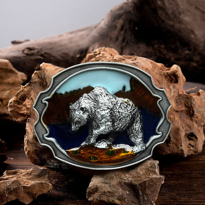 Cinturón de cuero con hebilla esmaltada de oso polar para hombre hecho a mano