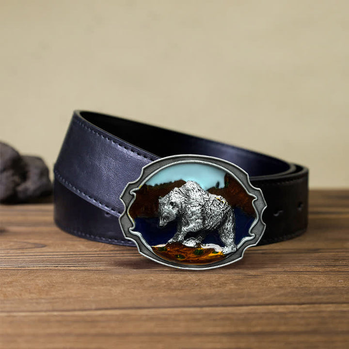 Cinturón de cuero con hebilla esmaltada de oso polar para hombre hecho a mano