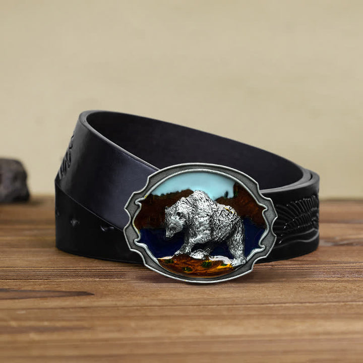 Cinturón de cuero con hebilla esmaltada de oso polar para hombre hecho a mano