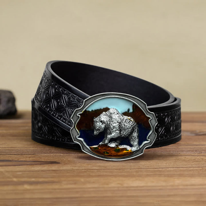 Cinturón de cuero con hebilla esmaltada de oso polar para hombre hecho a mano
