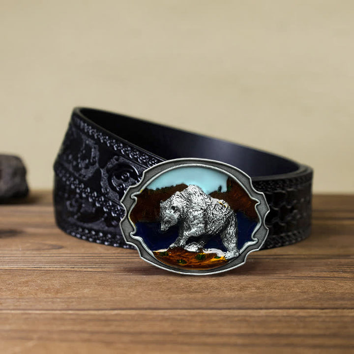 Cinturón de cuero con hebilla esmaltada de oso polar para hombre hecho a mano