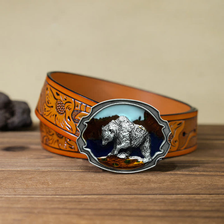 Cinturón de cuero con hebilla esmaltada de oso polar para hombre hecho a mano
