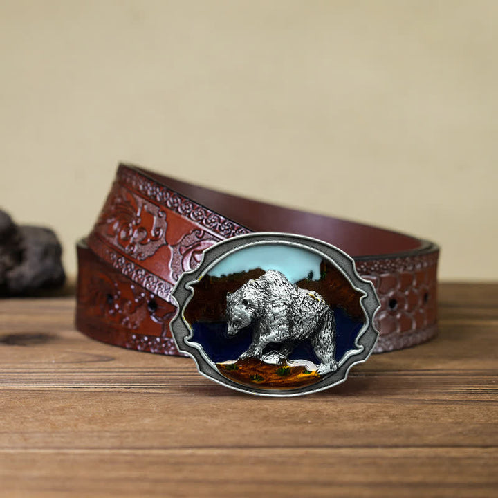 Cinturón de cuero con hebilla esmaltada de oso polar para hombre hecho a mano