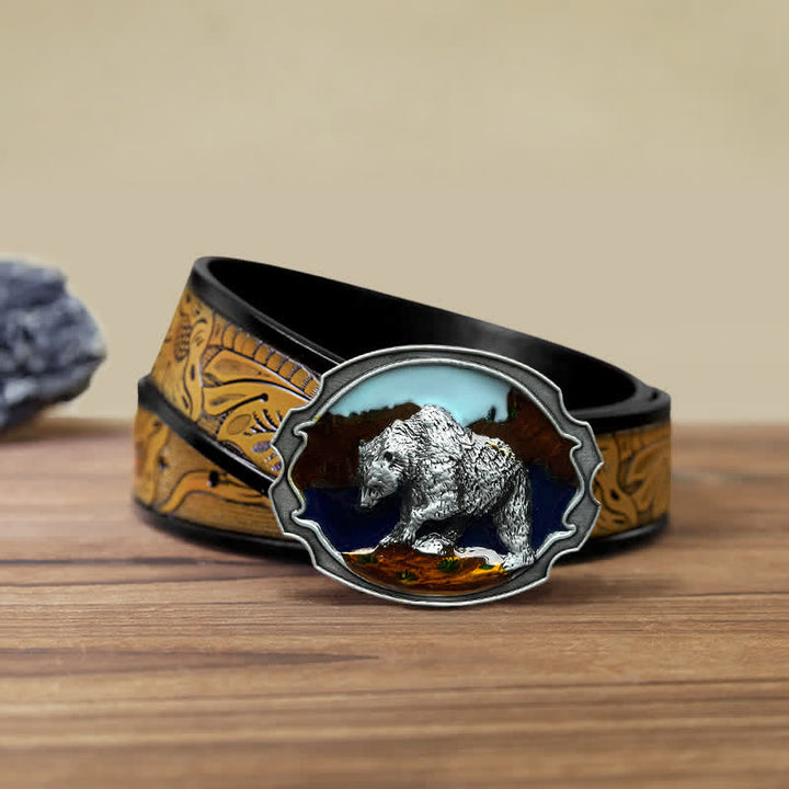 Cinturón de cuero con hebilla esmaltada de oso polar para hombre hecho a mano