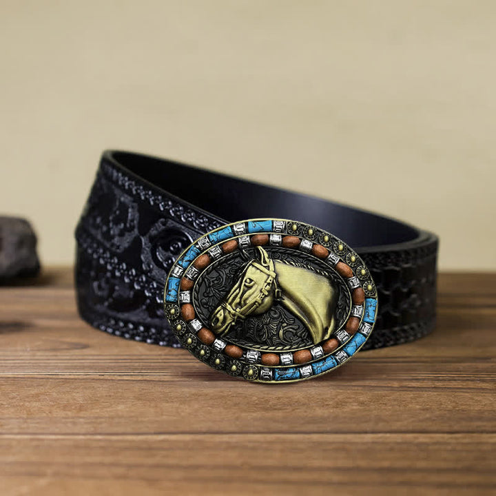 Cinturón de cuero con hebilla turquesa y cabeza de caballo para hombre hecho a mano