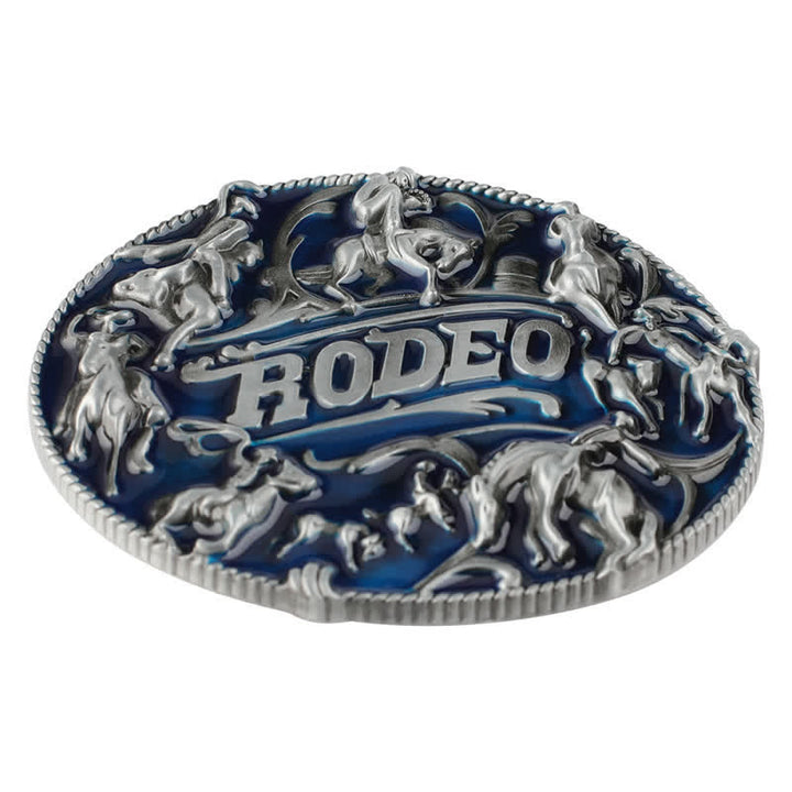 Cinturón de cuero con hebilla de toro de rodeo esmaltado en azul para hombre, hecho a mano