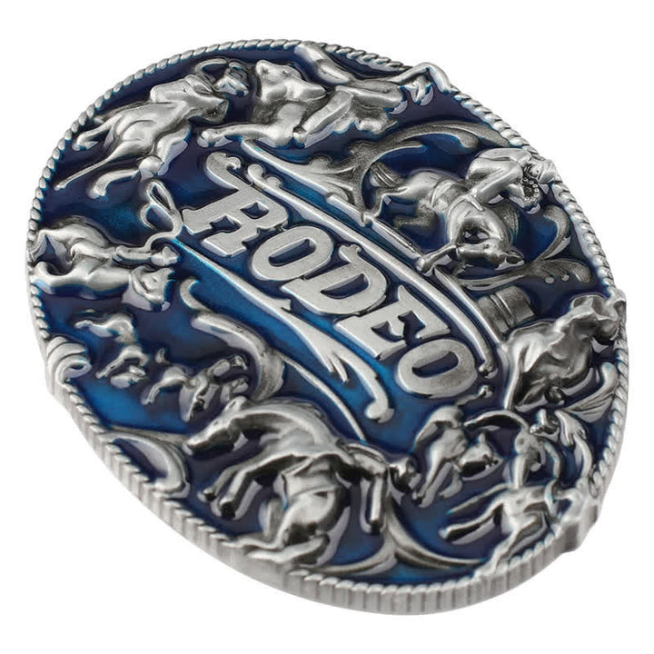 Cinturón de cuero con hebilla de toro de rodeo esmaltado en azul para hombre, hecho a mano