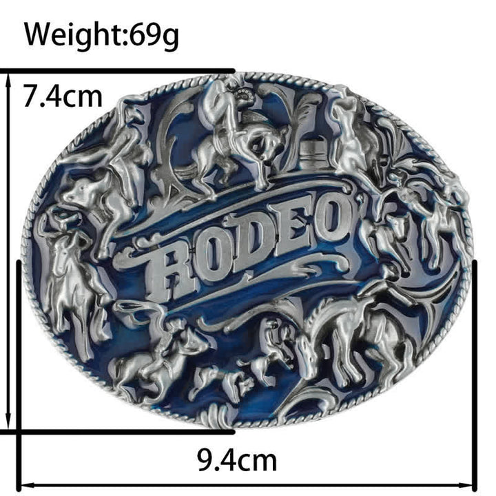 Cinturón de cuero con hebilla de toro de rodeo esmaltado en azul para hombre, hecho a mano