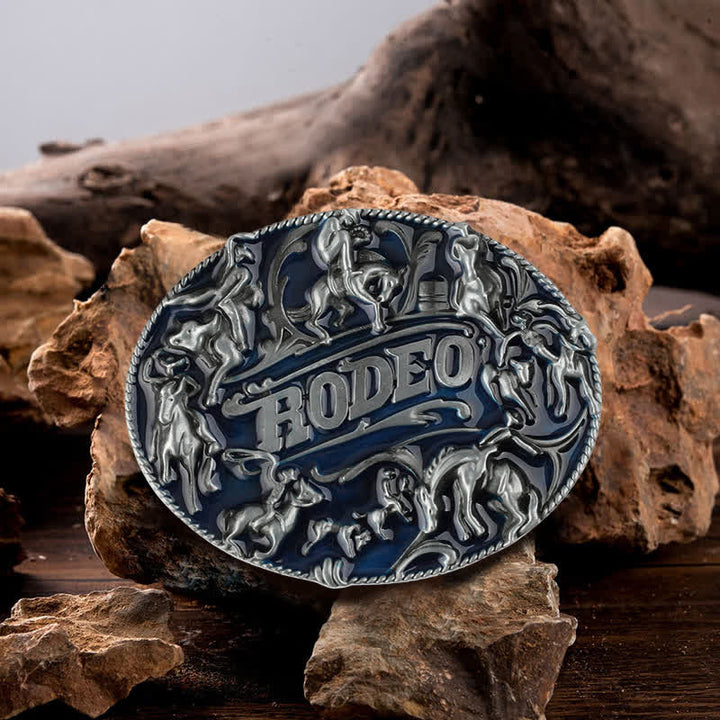 Cinturón de cuero con hebilla de toro de rodeo esmaltado en azul para hombre, hecho a mano