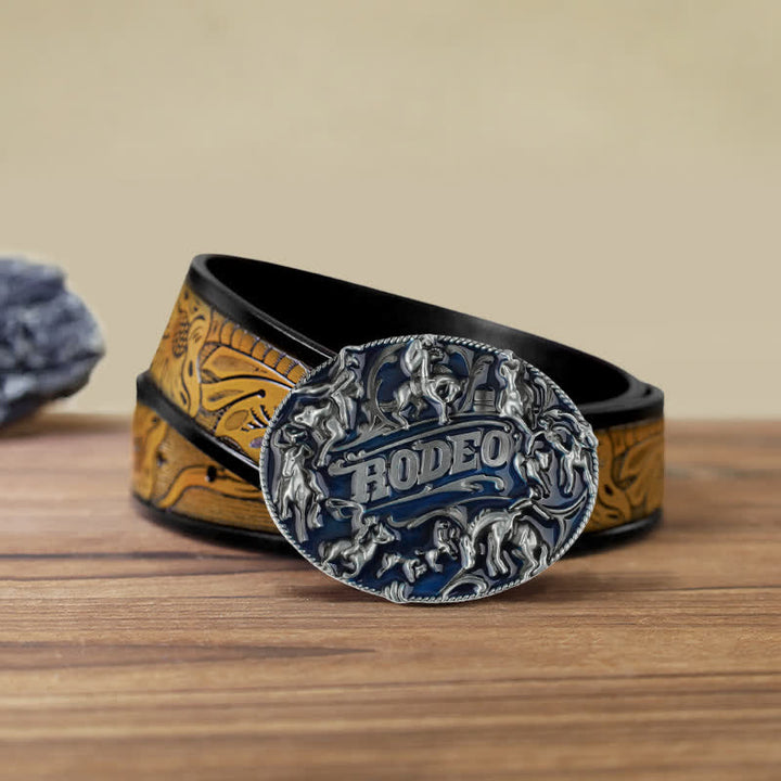 Cinturón de cuero con hebilla de toro de rodeo esmaltado en azul para hombre, hecho a mano