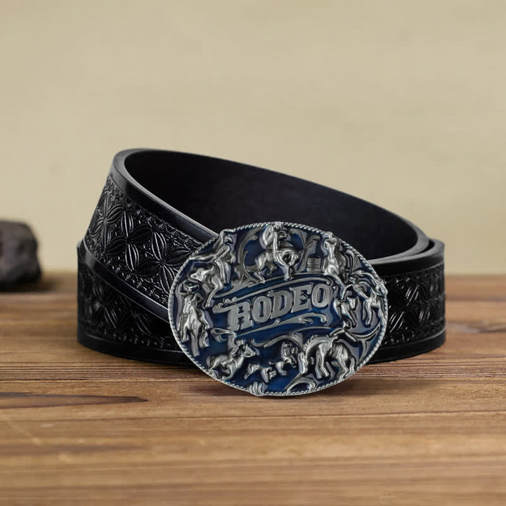 Cinturón de cuero con hebilla de toro de rodeo esmaltado en azul para hombre, hecho a mano