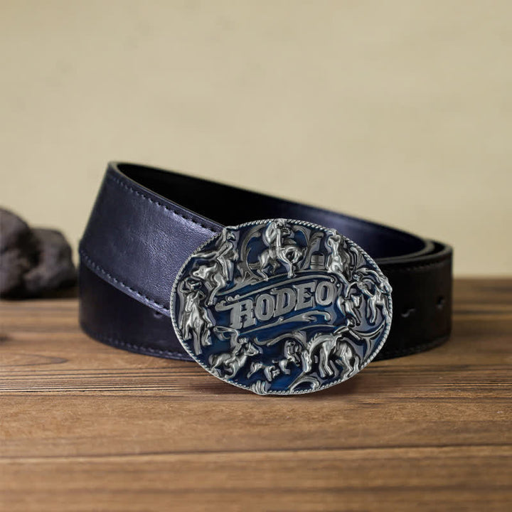 Cinturón de cuero con hebilla de toro de rodeo esmaltado en azul para hombre, hecho a mano
