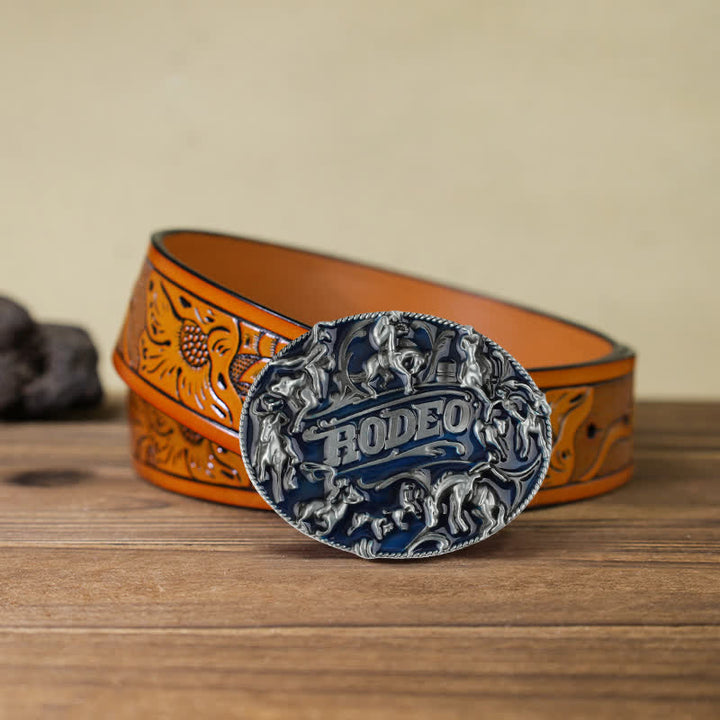 Cinturón de cuero con hebilla de toro de rodeo esmaltado en azul para hombre, hecho a mano