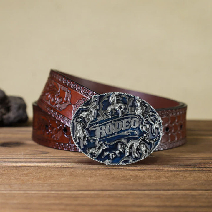 Cinturón de cuero con hebilla de toro de rodeo esmaltado en azul para hombre, hecho a mano