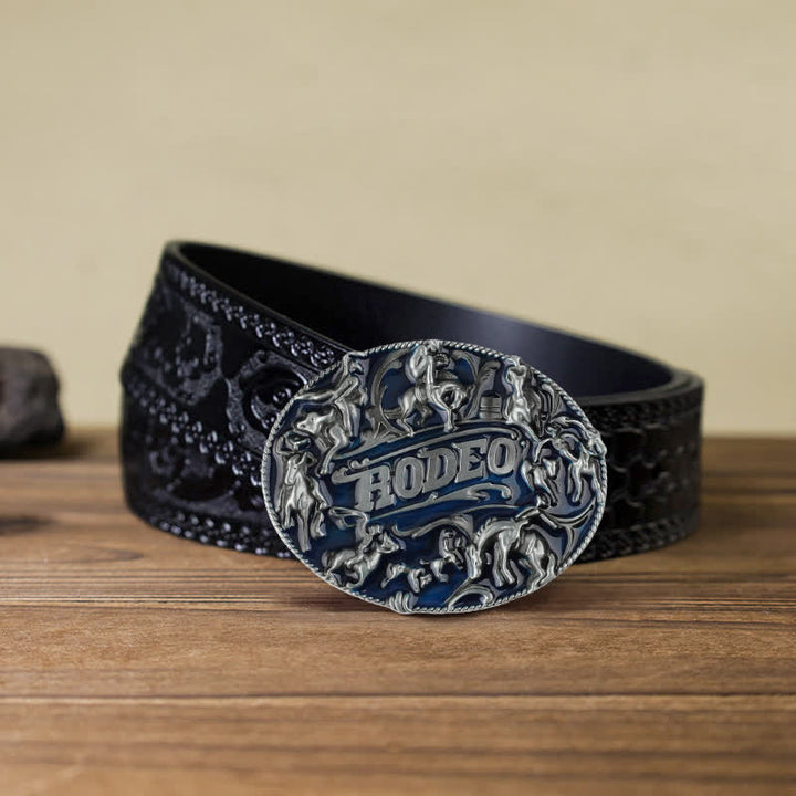 Cinturón de cuero con hebilla de toro de rodeo esmaltado en azul para hombre, hecho a mano
