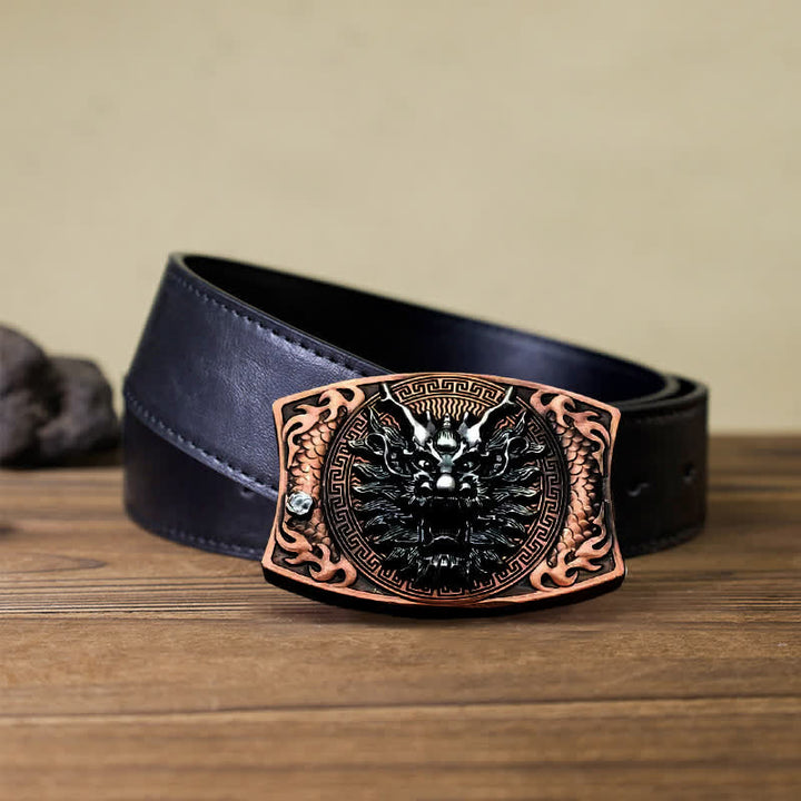 Cinturón de cuero con cuchillo plegable oculto de bronce rojo con dragón para hombre