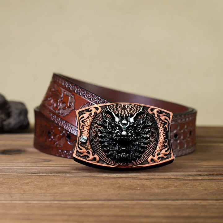 Cinturón de cuero con cuchillo plegable oculto de bronce rojo con dragón para hombre