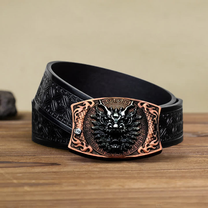 Cinturón de cuero con cuchillo plegable oculto de bronce rojo con dragón para hombre